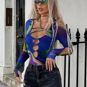 Fashion Nova Blue Multicolor Abstract Cutout Long-Sleeve Bodysuit